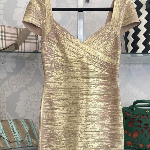 Herve Leger | Dresses | Herve Leger Gold Foil Styleopc83282875 Bandage Maxi  Dress | Poshmark